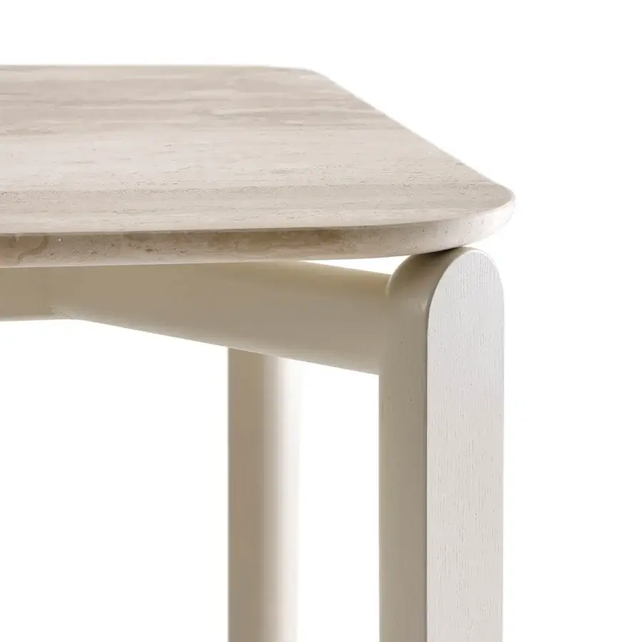 Distinguished Billiani Babà dining table with textured stone and gently curved light beige wood legs crafted in a minimalist finish