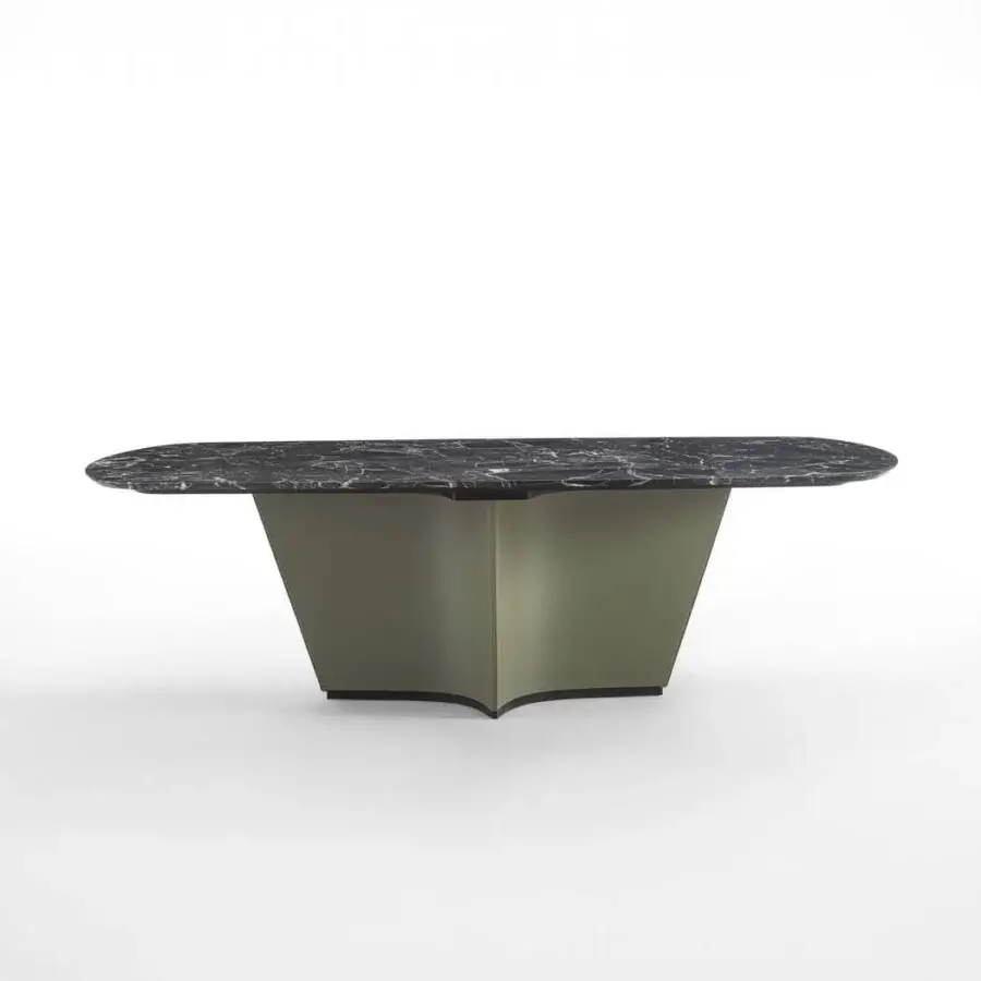 Distinguished Carpanelli Sail table with dark veined marble tabletop and sculpted olive-green leather upholstery