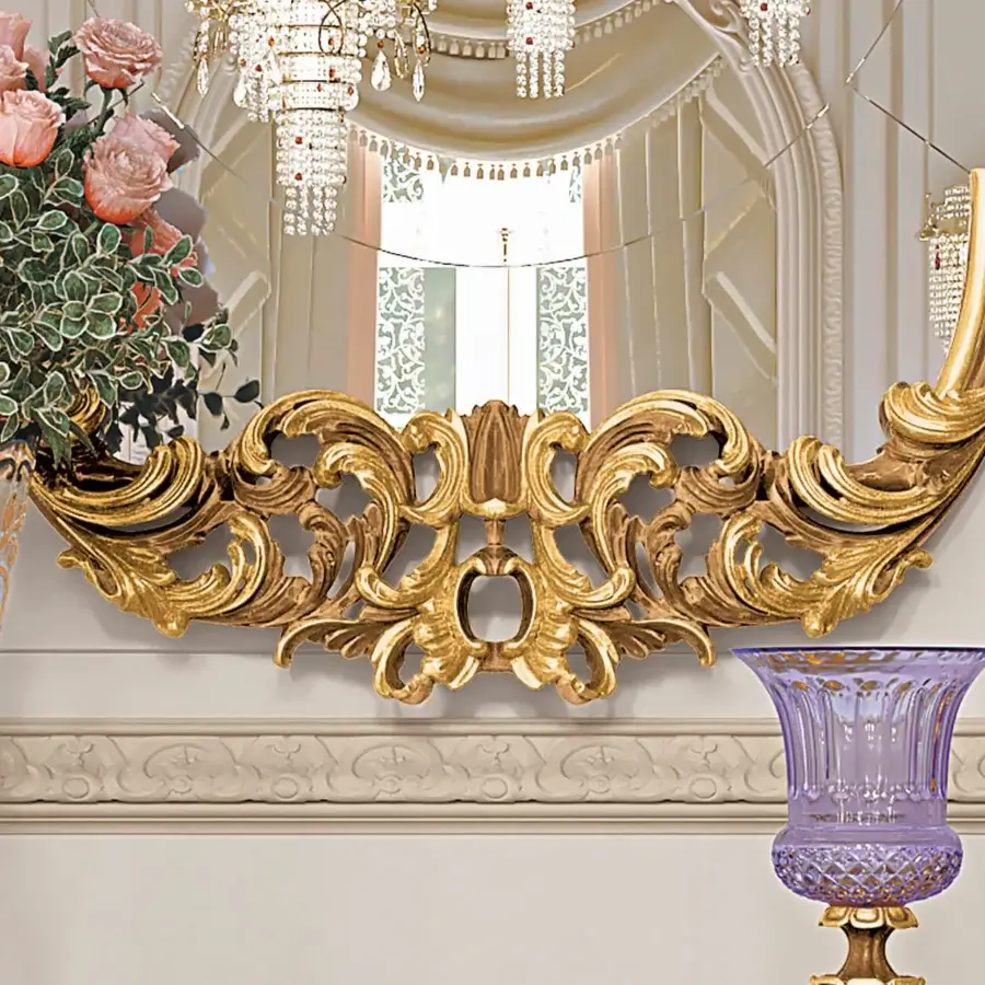 Distinguished Riva Mobili D'Arte 22056 mirror crafted in wood with scrolling floral motifs and a gold-toned finish