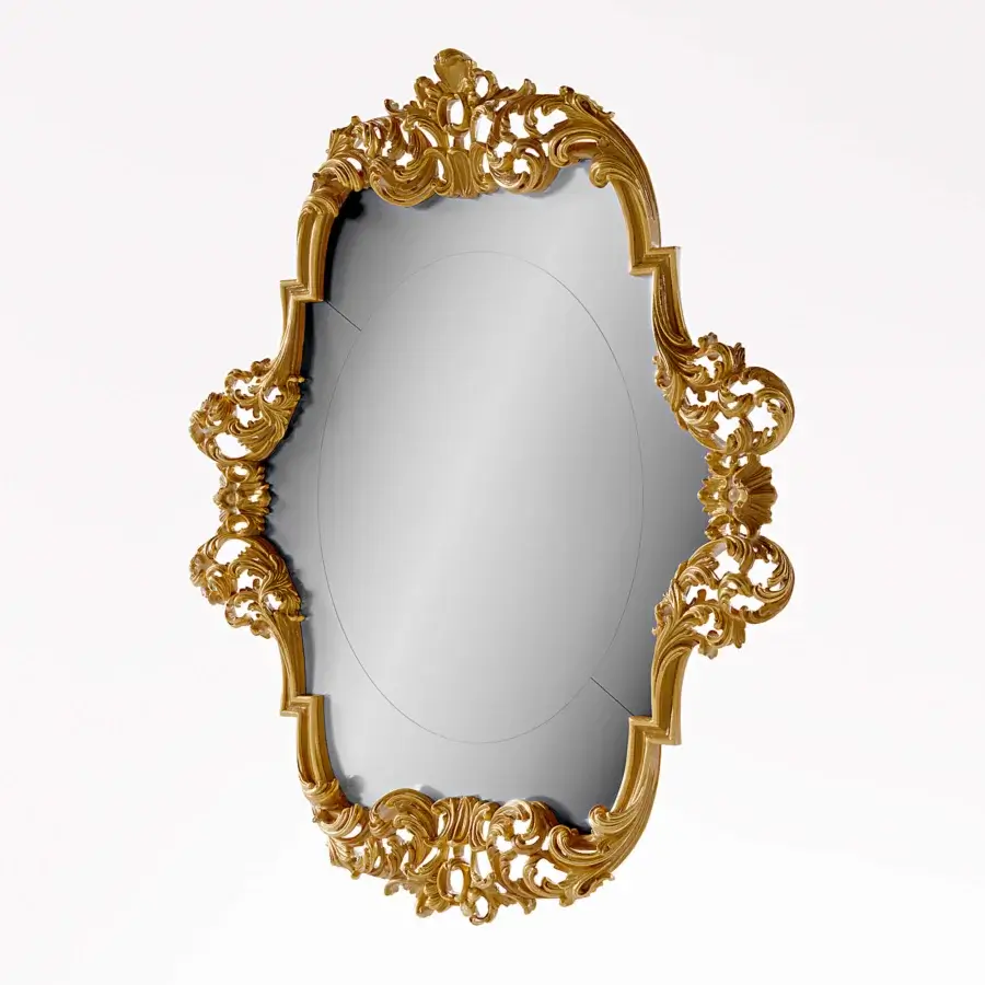 Superior handcrafted mirror with a glossy golden frame and ornate floral carvings exhibiting classic architectural detailing