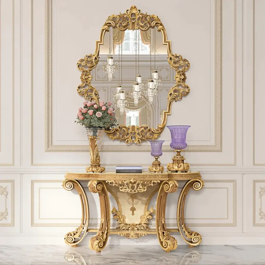 Distinguished Riva Mobili D'Arte 22055 console crafted in wood with high-gloss gold tone and intricate hand-carved details