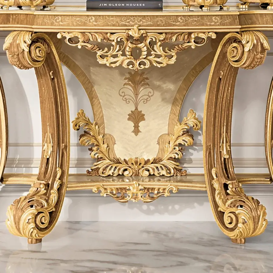Exquisite Riva Mobili D'Arte 22055 console handcrafted with scrolling curves, floral motifs, and reflective gold finish