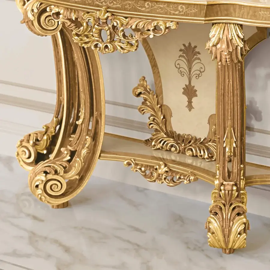 Distinguished Riva Mobili D'Arte 22055 console crafted in gold-toned coating with dramatically curved form and heavily carved floral details