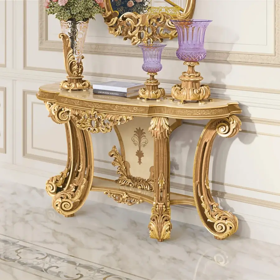 Exceptional Riva Mobili D'Arte 22055 console crafted in gold tone with extensively curved wood and ornate Rococo details