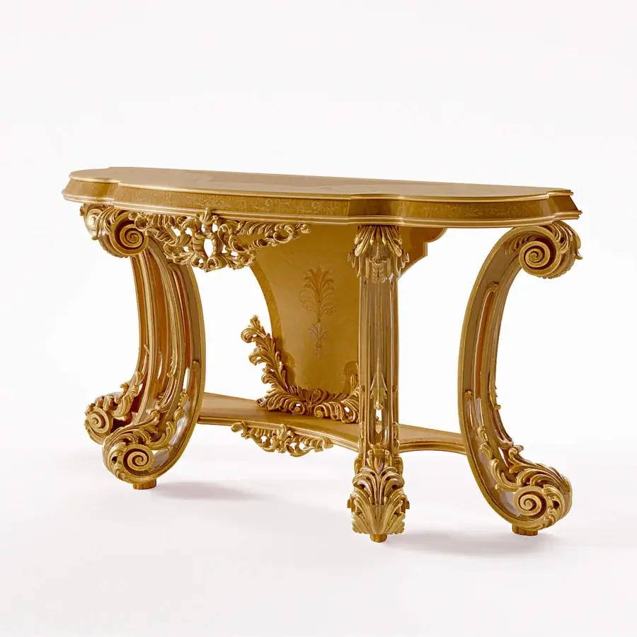 Superior Riva Mobili D'Arte 22055 console crafted in golden-toned gloss with dramatically curved silhouette and hand-carved legs