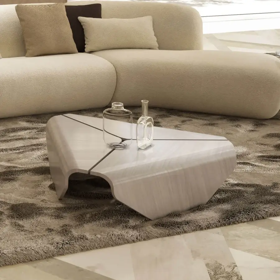Elegant Carpanelli Nara coffee table crafted in light neutral beige wood with a satin finish and interconnected elements