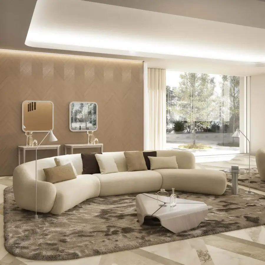 Distinguished Carpanelli Nara coffee table crafted in light-colored wood with satin finish and flowing curved lines