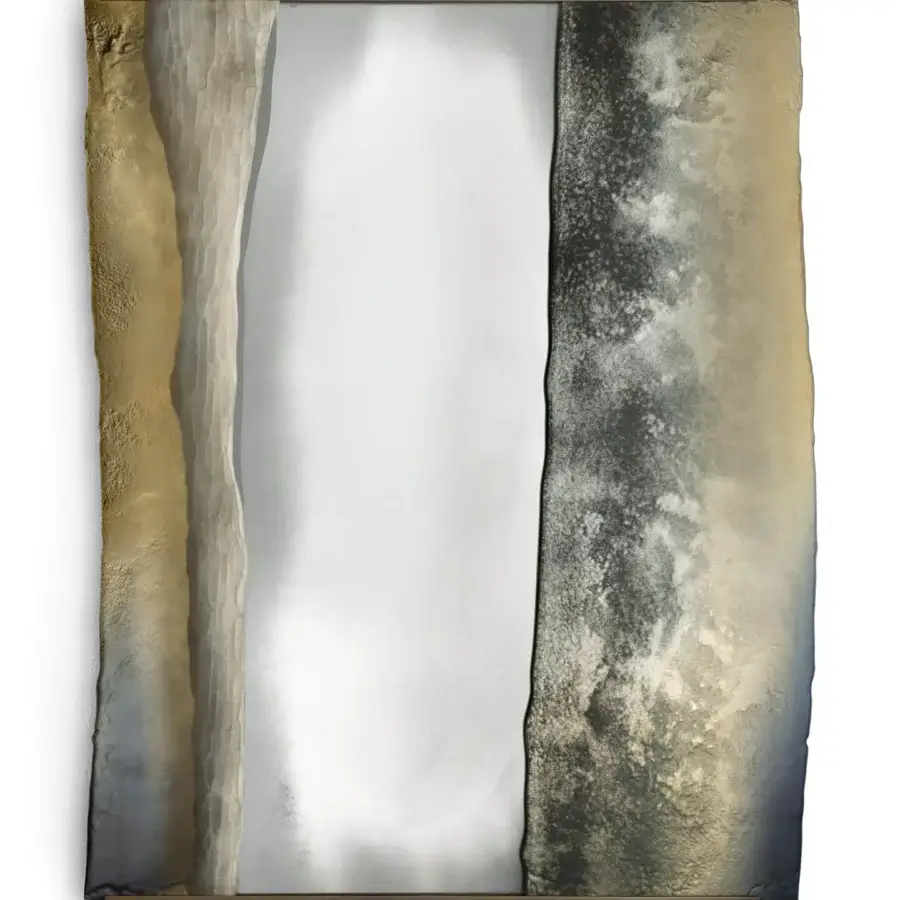 Distinguished Arte Veneziana Vipacco mirror crafted with burnished brass and layered glass in golden-brown, beige, gray, white tones with antique silvering