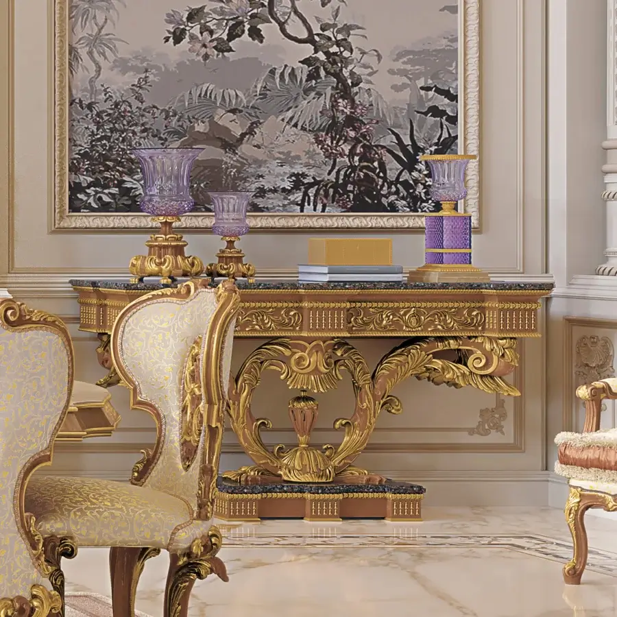 Distinguished Riva Mobili D'Arte 9055 console crafted with warm gold tone and dark blue cream floral motifs