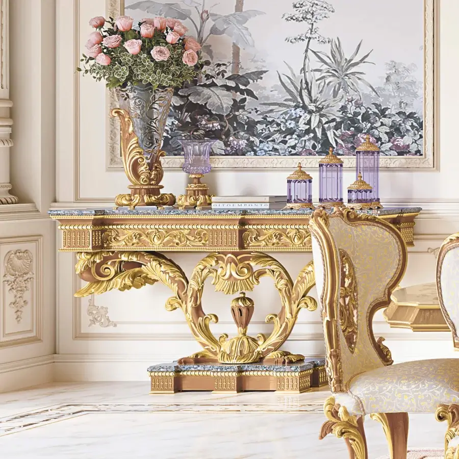 Exclusive Riva Mobili D'Arte 9055 console built with blue marble and reddish-brown wood, finished in opulent gold detailing