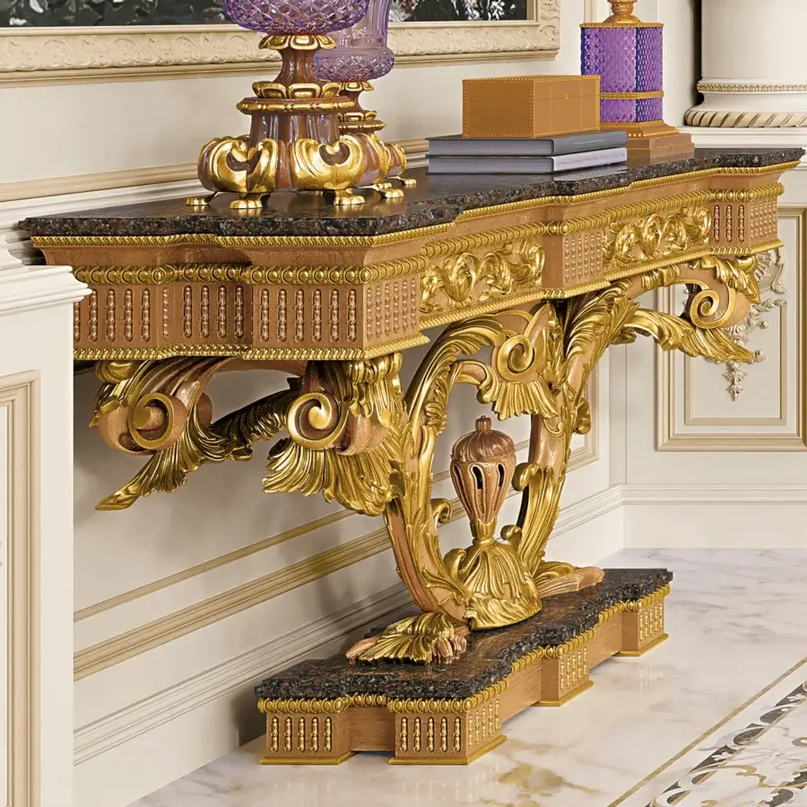 Distinguished Riva Mobili D'Arte 9055 console crafted with dark speckled stone and gold-toned gilded carved wood