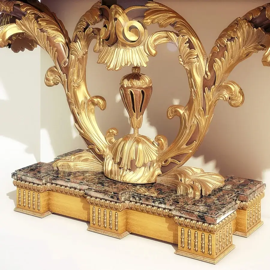 Exceptional Riva Mobili D'Arte 9055 console crafted in high-gloss gold tone with dark patterned marble accents