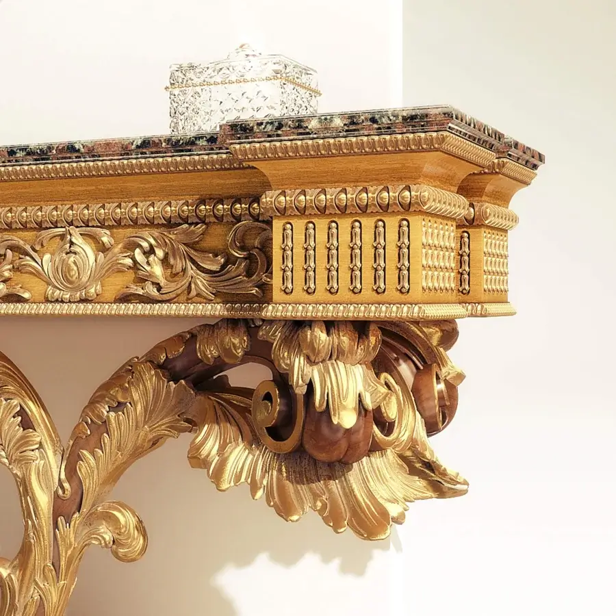 Lavish Riva Mobili D'Arte 9055 console crafted in high-gloss gold tone with floral carvings and richly veined marble-like tabletop