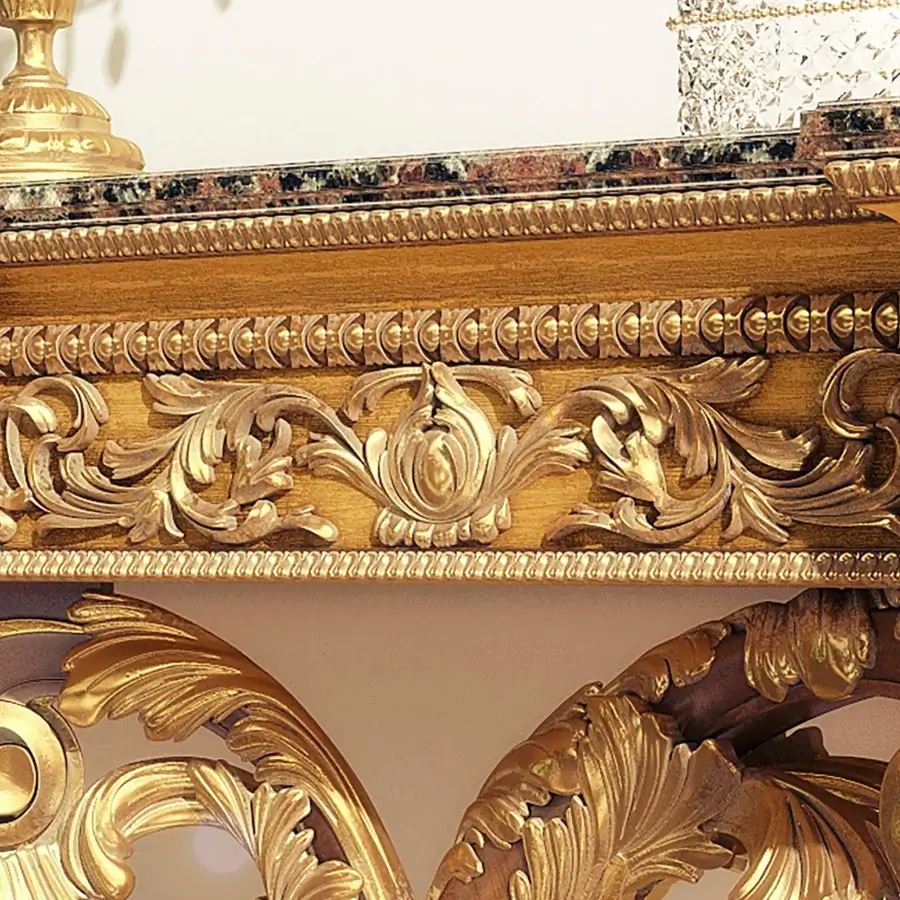 Distinguished Riva Mobili D'Arte 9055 console crafted in high-gloss gold tone with ornate details and patterned marble-like top