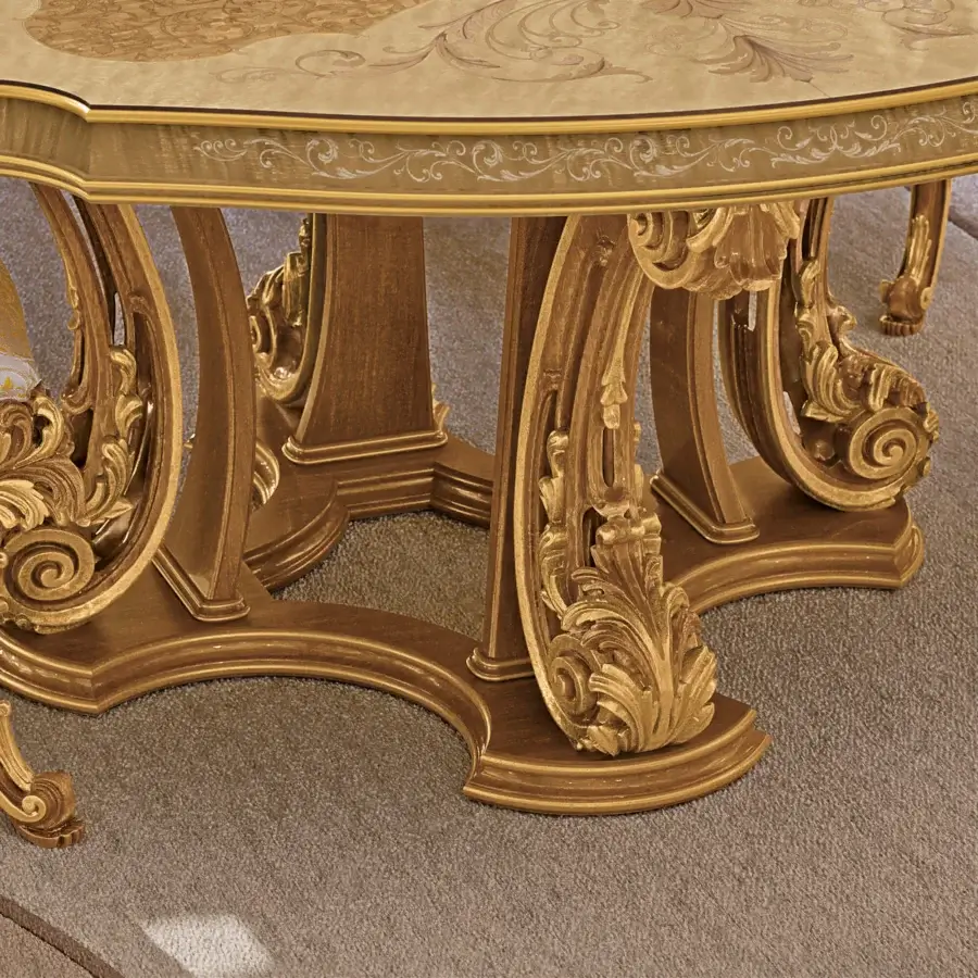 Lavish Riva Mobili D'Arte 22090 table crafted in golden tone with intricate floral and foliate motifs and glossy finish