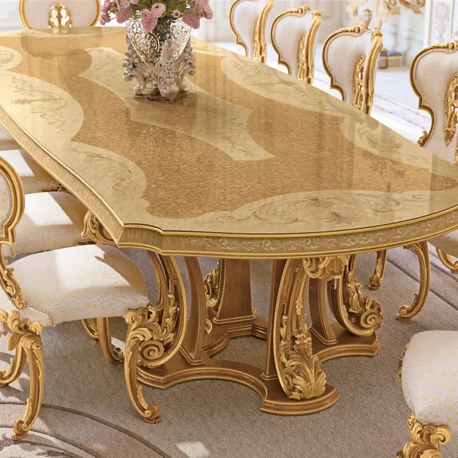 Distinguished Riva Mobili D'Arte 22090 table crafted in Italy with ornate golden finish and sweeping curves throughout its design