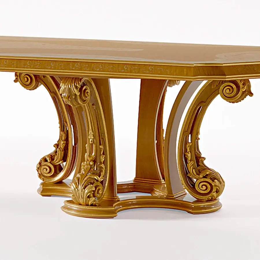 Superior Riva Mobili D'Arte 22090 table crafted in richly-grained wood with golden-brown gloss and hand-carved moldings