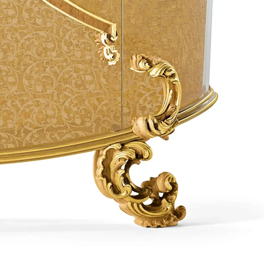 Lavish Riva Mobili D'Arte showcase exhibiting ornate, curved form crafted in gilded wood with scrolling floral motifs