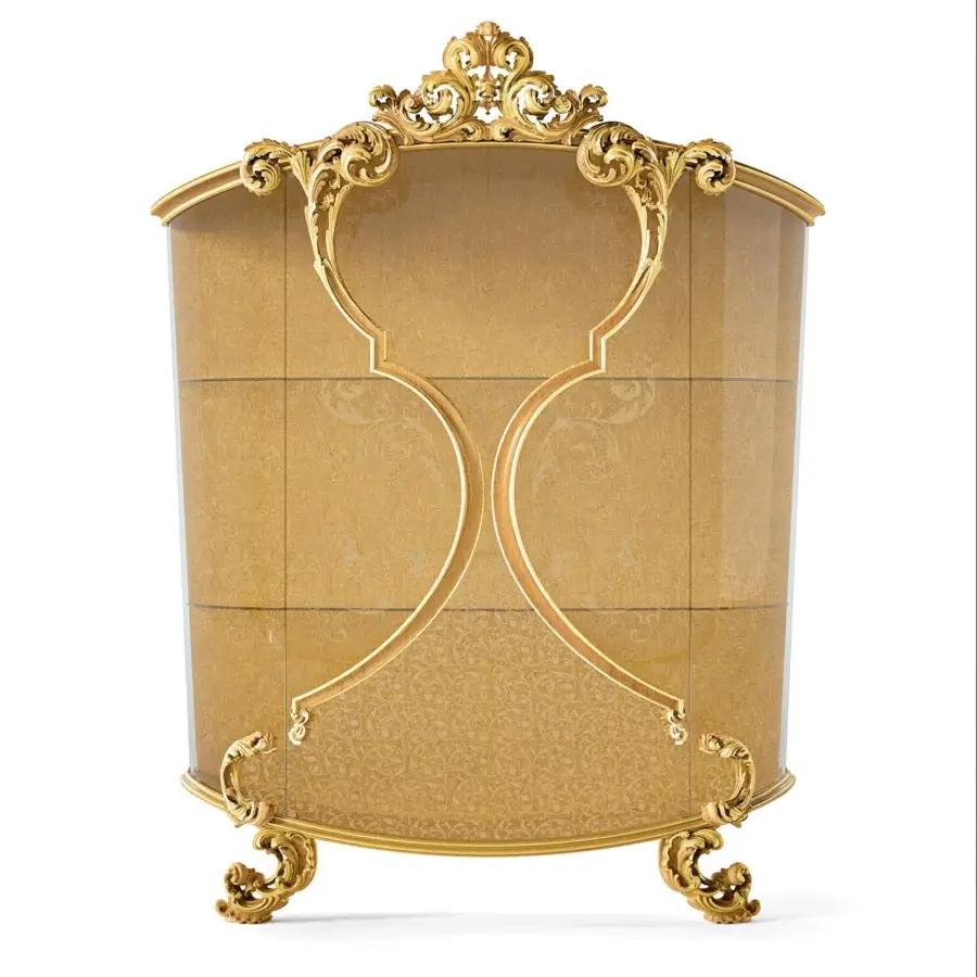 Exceptional Riva Mobili D'Arte showcase exhibiting sweeping curves with elaborate floral carvings in gilded wood finish