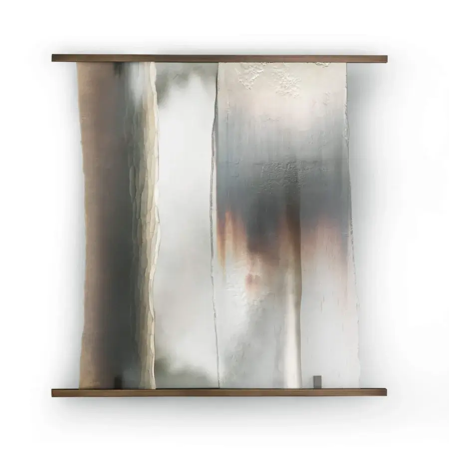Exceptional Arte Veneziana Trezzo mirror crafted with burnished brass and sliding baked glass in Roddi, Barbaresco finishes