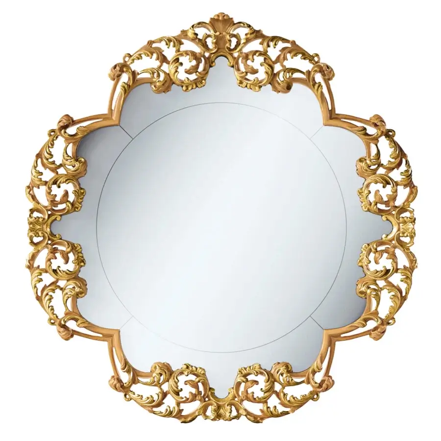 Distinguished Riva Mobili D'Arte 22037 mirror crafted in wood with radiant golden finish and ornate relief ornamentation