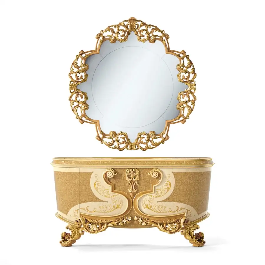 Exceptional Riva Mobili D'Arte 22037 mirror crafted in warm beige and gold with hand-carved relief decorations and glossy finish