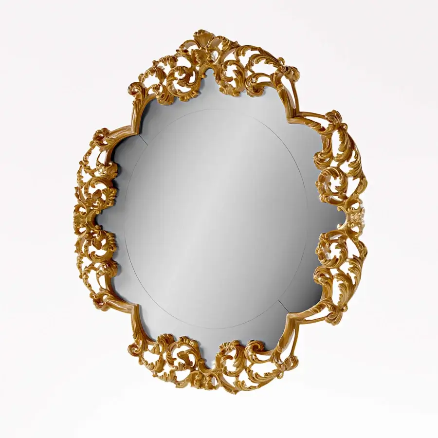 Lavish Riva Mobili D'Arte 22037 mirror crafted in glossy gold-toned wood with scrolling foliage and floral motifs