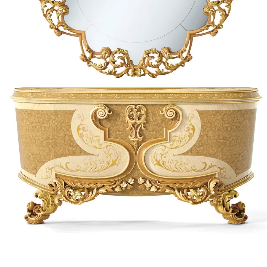Distinguished Riva Mobili D'Arte 22177 sideboard crafted in wood with glossy gilded and light tan satin finish