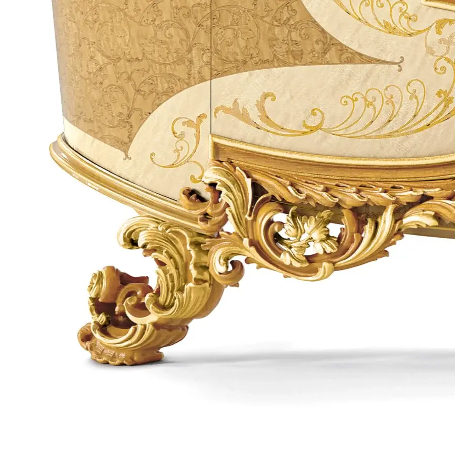 Lavish Riva Mobili D'Arte 22177 sideboard crafted in gold tone with sinuous curved facade and hand-carved floral relief motifs
