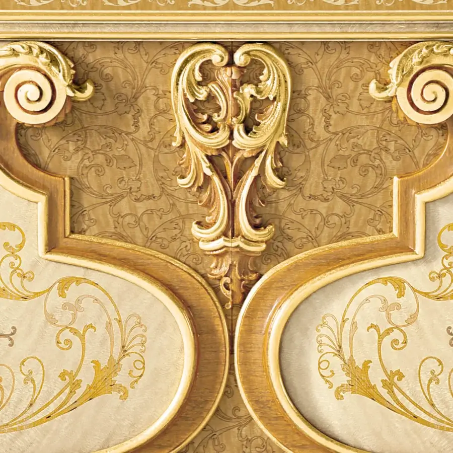 Exceptional Riva Mobili D'Arte 22177 sideboard built in creamy wood with gilded Baroque-inspired carvings across a curved facade