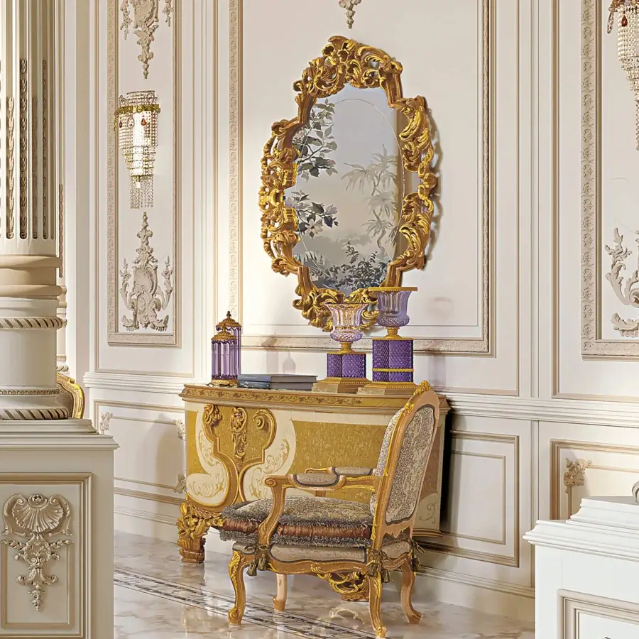 Distinguished Riva Mobili D'Arte 22177 sideboard crafted with curved facade and elaborate hand-carved relief in glossy golden tone wood grain