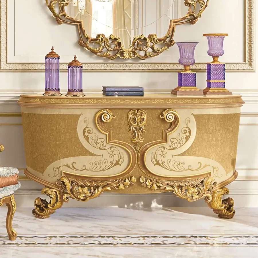 Exceptional Riva Mobili D'Arte 22177 sideboard with curved profile and gilded hand-carved floral detailing in golden yellow finish