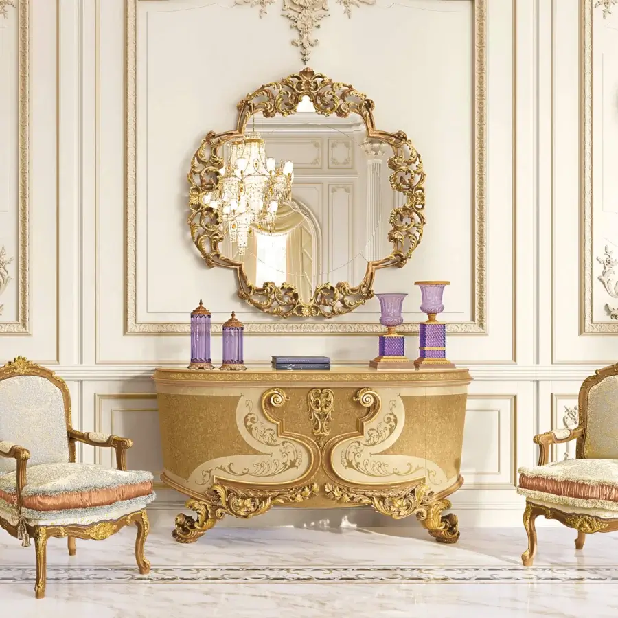 Lavish Riva Mobili D'Arte 22177 sideboard crafted with sinuous curved facade and gilded hand-carved relief motifs in glossy tone