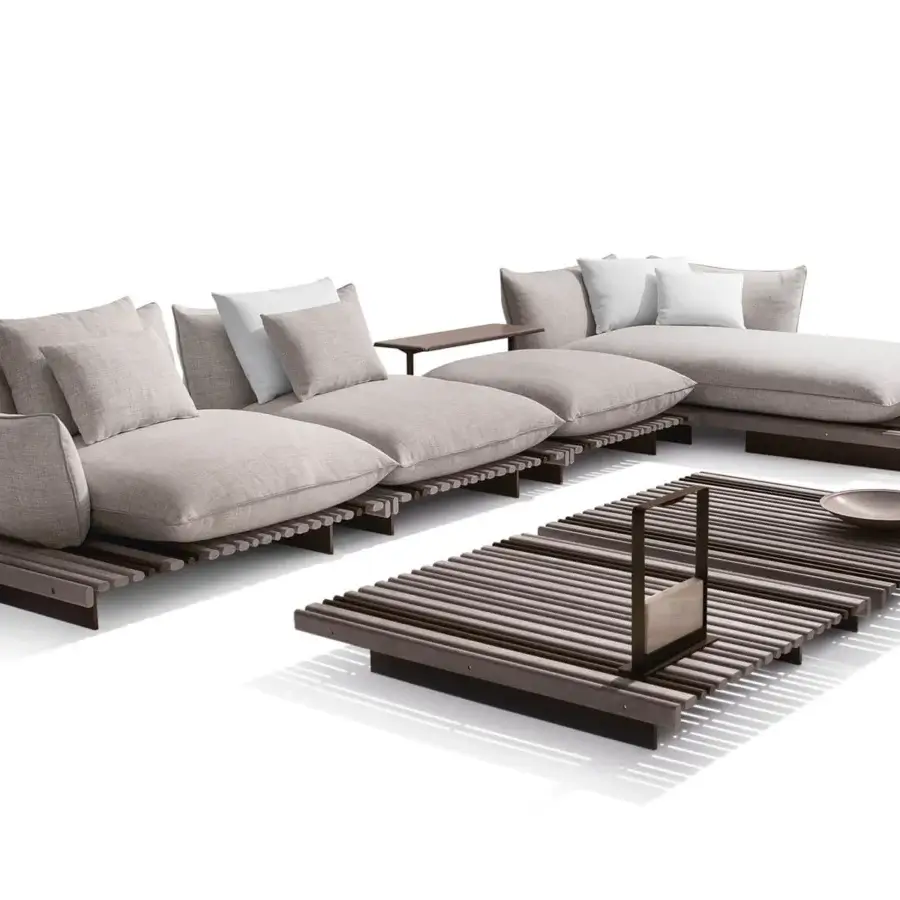 Harmonious Giorgetti Apsara coffee table crafted with carob powder-coated aluminum and textured Afrormosia wooden slats