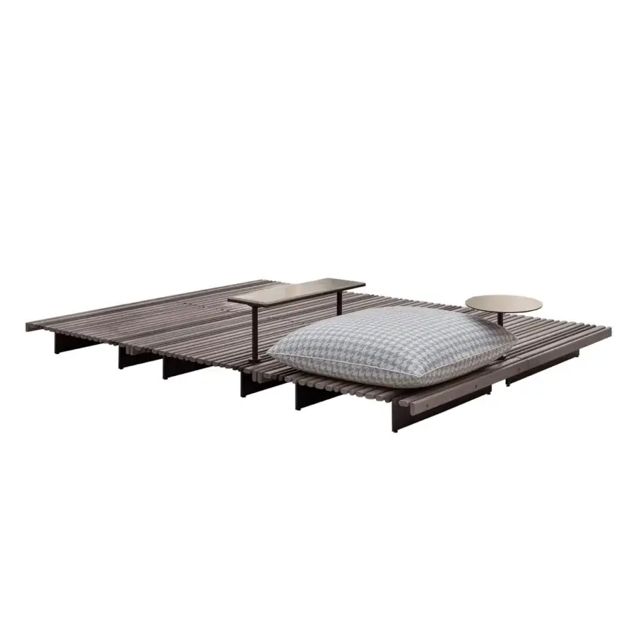 Superior Giorgetti Apsara coffee table with carob powder-coated aluminum and Afrormosia wooden slats exhibiting a dark brown-grey tone