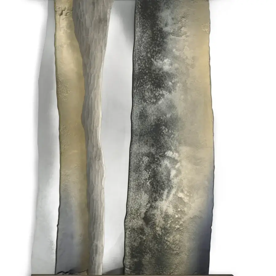Distinguished Arte Veneziana Vipacco mirror with sliding glass panels and antique effect silvering in silvery-white, golden-brown, and dark grey mottled textures