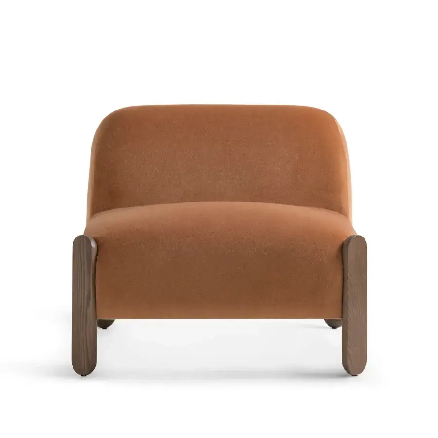 Exceptional Billiani Babà Soft lounge chair with warm brown textile upholstery and subtly textured wooden legs