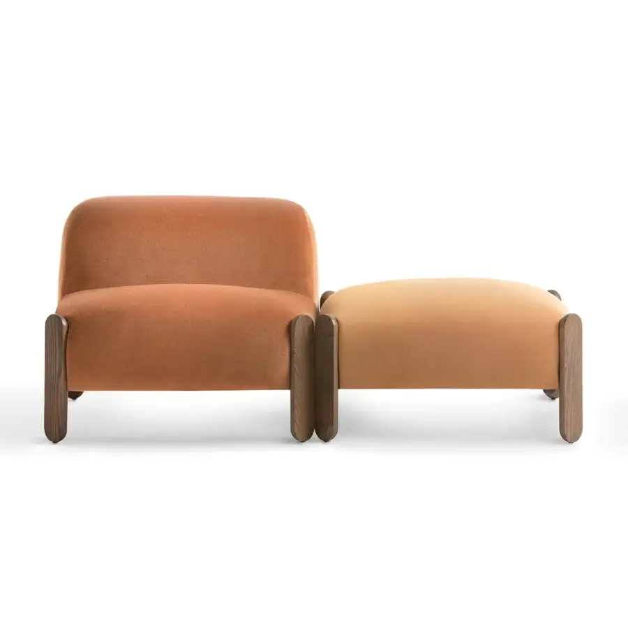 Elegant Billiani Babà Soft lounge chair with terracotta textile upholstery and satin-finish wooden base