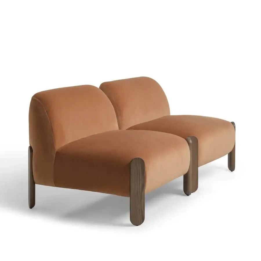 Superior Billiani Babà Soft lounge chair with earthy brown textile upholstery and satin-finish wooden base