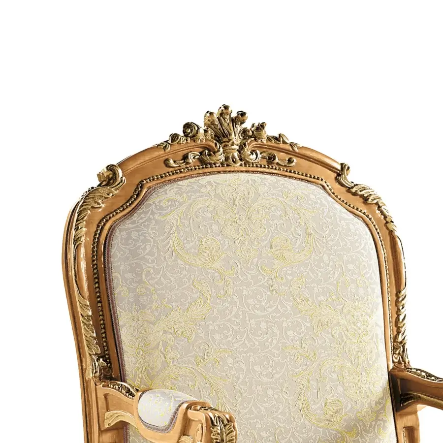 Distinctive Riva Mobili D'Arte 6823 lounge chair crafted with golden-toned wood and cream damask-like upholstery with carved floral motifs