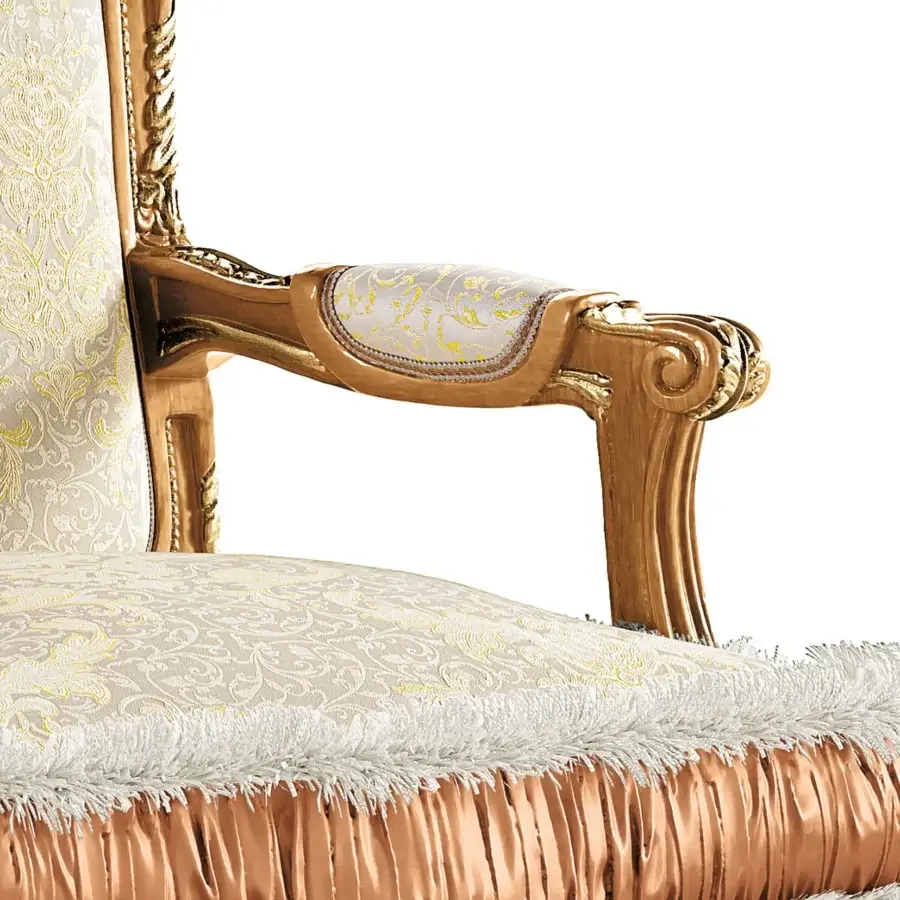 Exclusive Riva Mobili D'Arte 6823 lounge chair with warm varnished wood, cream and gold textile, plus peach satin skirt trim