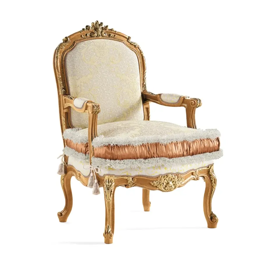 Superior handcrafted lounge chair with richly finished wood, cream and gold patterned upholstery, plus copper satin trim