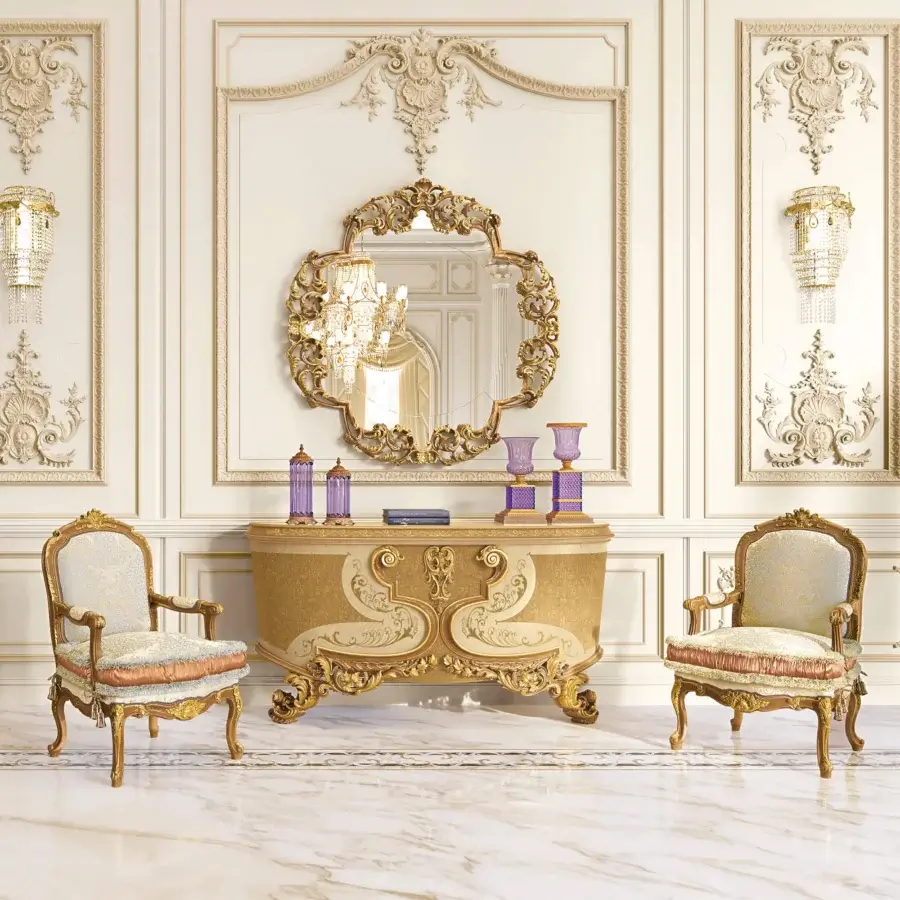 Lavish Riva Mobili D'Arte 6823 lounge chair crafted with golden wood, cream textile, and hand-carved floral motifs