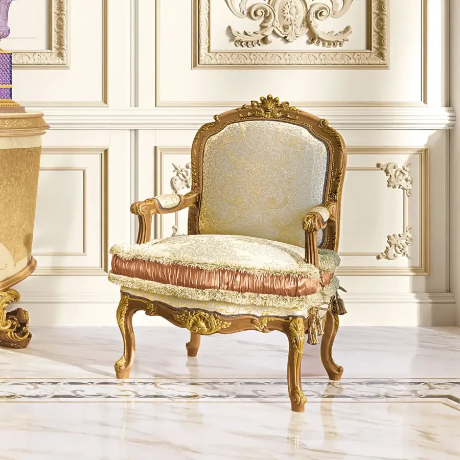 Distinguished Riva Mobili D'Arte 6823 lounge chair with golden wood, floral motifs, and cream textile upholstery