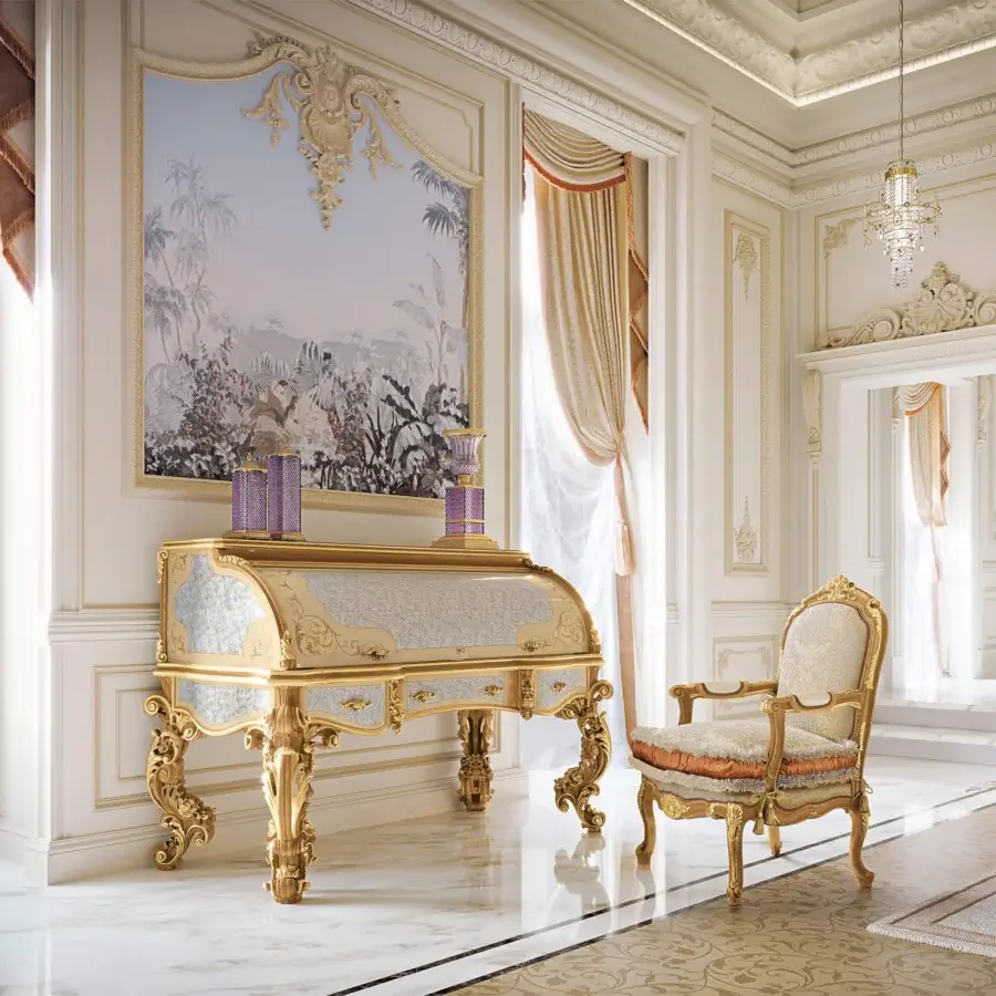 Lavish Riva Mobili D'Arte 6823 lounge chair in creamy off-white with gilded detailing and high-gloss finish