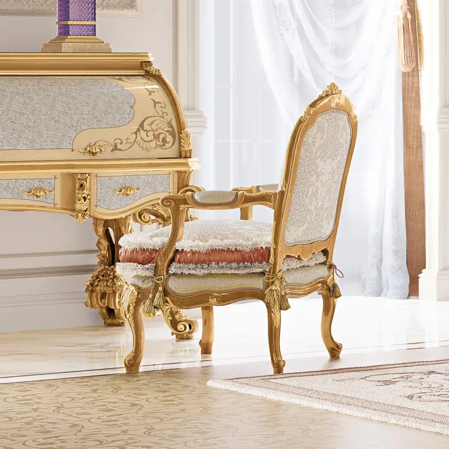 Distinguished Riva Mobili D'Arte 6823 lounge chair crafted with golden wood and patterned textile upholstery with subtle sheen