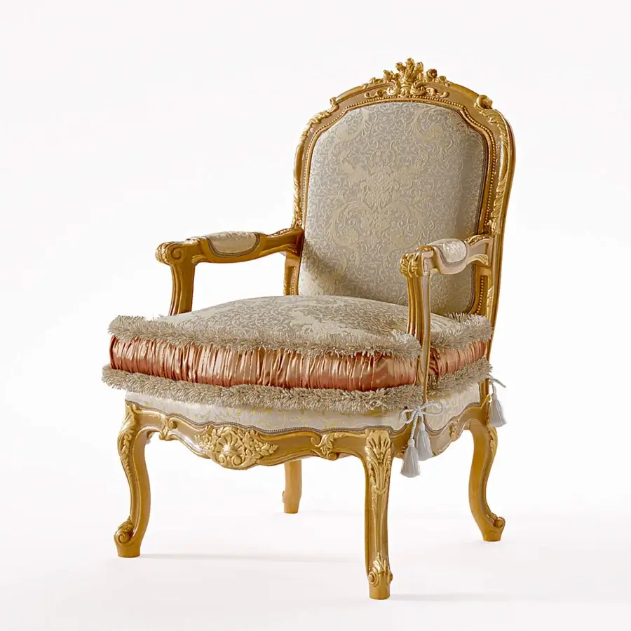 Exquisite Riva Mobili D'Arte 6823 lounge chair built with floral carved wood and patterned beige upholstery with peach trim