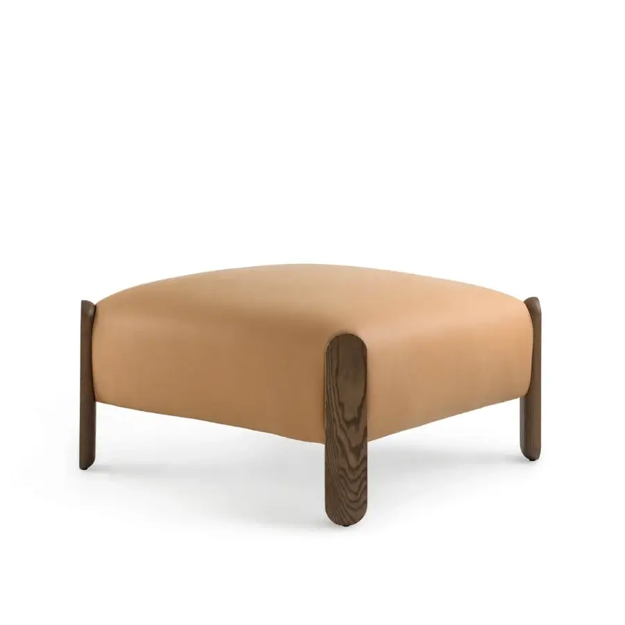 Elegant Billiani Babà Soft ottoman with warm tan textile upholstery and gently rounded wood frame