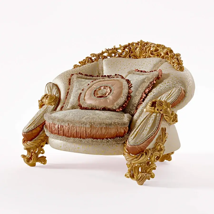 Distinguished Riva Mobili D'Arte 22161 lounge chair crafted with glossy golden wood and beige gold patterned upholstery with textured cushions