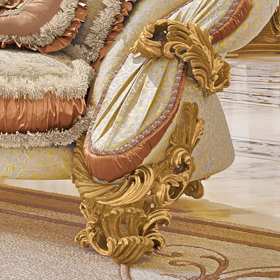 Superior handcrafted lounge chair with floral reliefs, pale blue textile upholstery, reddish-brown cushions and glossy golden wood frame